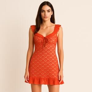 Fab'rik Red Floral Lace Embroidered V Neck Ruffle Sleeve A Line Mini Dress L